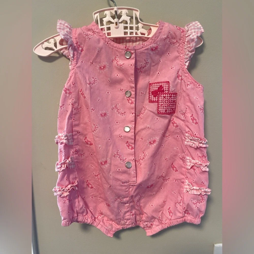 Vintage Pink Bubble Romper Cottagecore Gingham Ruffles Baby Girl Western Boho - Picture 6 of 10